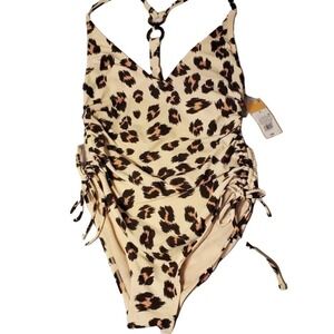 Kona Sol Swimsuit Womens Size Small Cream Cheetah Print OnePiece Adjustable Swim
